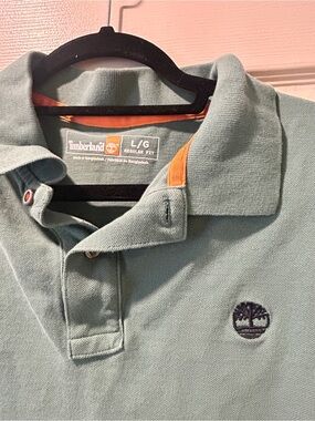 Timberland Men's Polo Shirt in Sage Green / Teal with Orange Trim